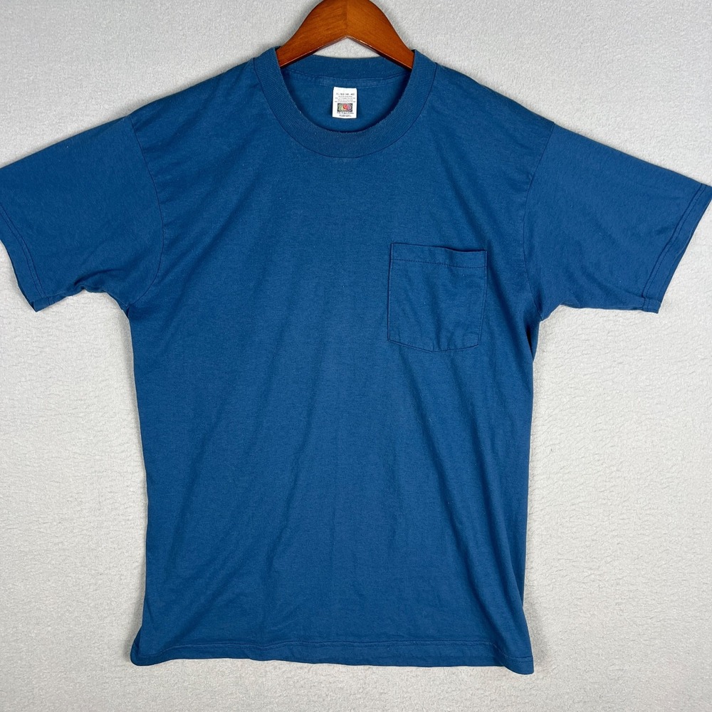 VTG Salvedge Pocket T Shirt FIts M Teal Blue 90s 00s Blank Fruit of the Loom Y2K
